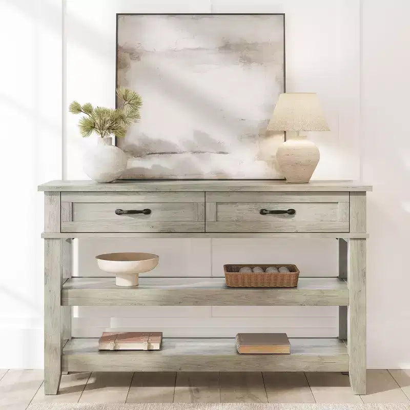 Table de console d'entrée de ferme, Table d'appoint avec 2 tiroirs de rangement, Table de canapé en bois de ferme à 3 niveaux, Table de couloir pour entrée, salon-Gris