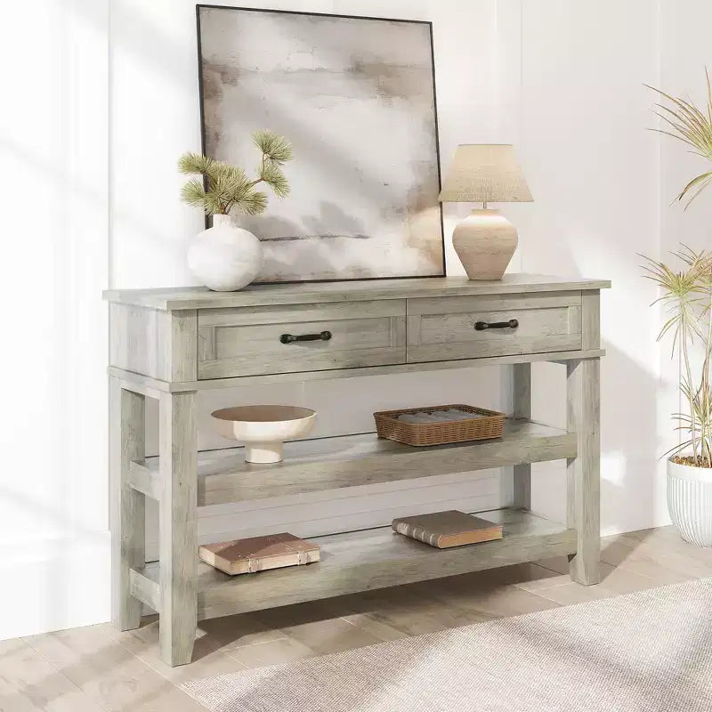 Table de console d'entrée de ferme, Table d'appoint avec 2 tiroirs de rangement, Table de canapé en bois de ferme à 3 niveaux, Table de couloir pour entrée, salon-Gris