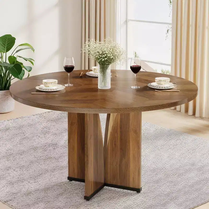Table de conférence ronde MAYEERTY avec finition en bois riche et base robuste à 4 panneaux