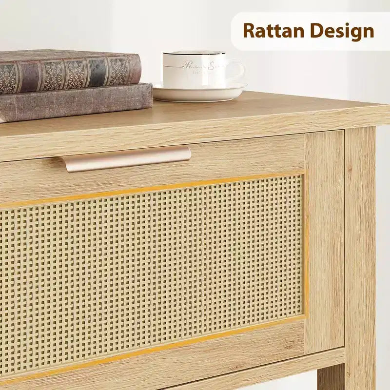 Console en rotin pour entrée, Table d'appoint bohème pour salon, Console avec 2 tiroirs, Table d'entrée en bois avec rangement