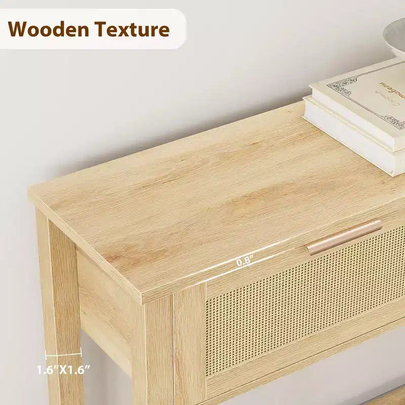 Console en rotin pour entrée, Table d'appoint bohème pour salon, Console avec 2 tiroirs, Table d'entrée en bois avec rangement