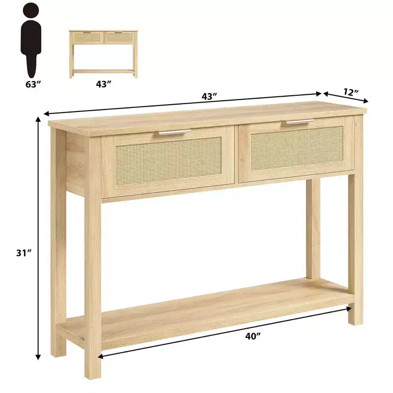 Console en rotin pour entrée, Table d'appoint bohème pour salon, Console avec 2 tiroirs, Table d'entrée en bois avec rangement