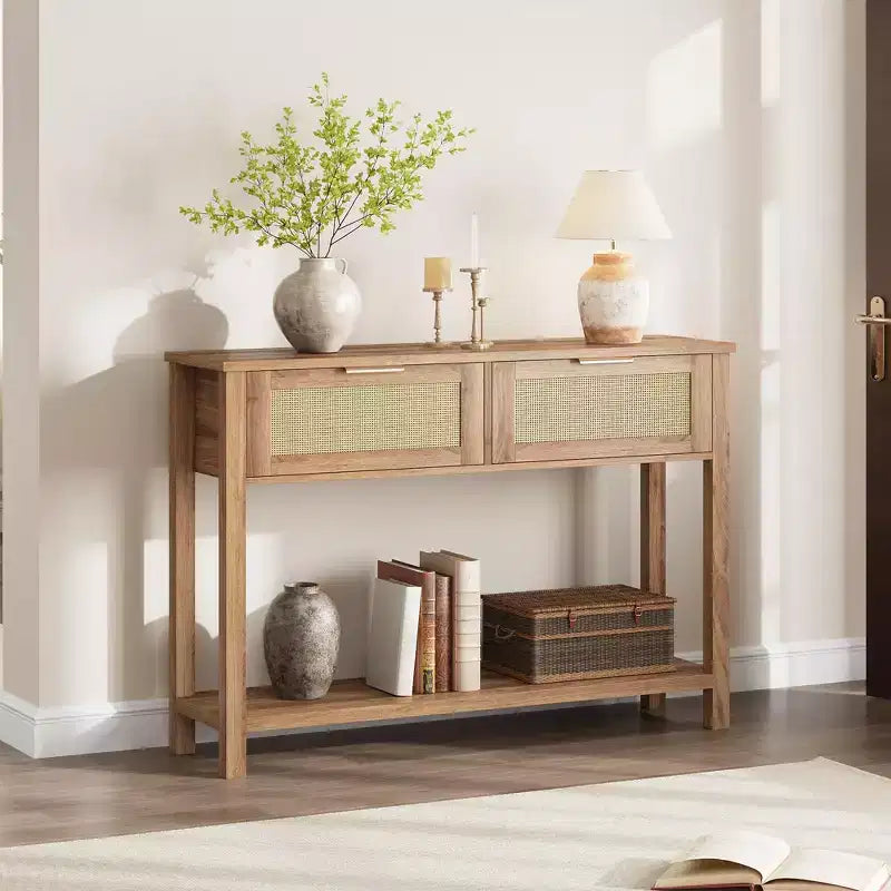 Rattan Console Table for Entryway,Boho Sofa Table for Living Room, Console Table with 2 Drawers, Wood Entryway Table with Storage