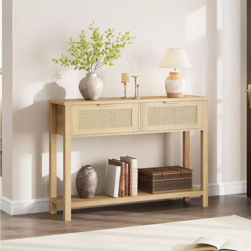Console en rotin pour entrée, Table d'appoint bohème pour salon, Console avec 2 tiroirs, Table d'entrée en bois avec rangement