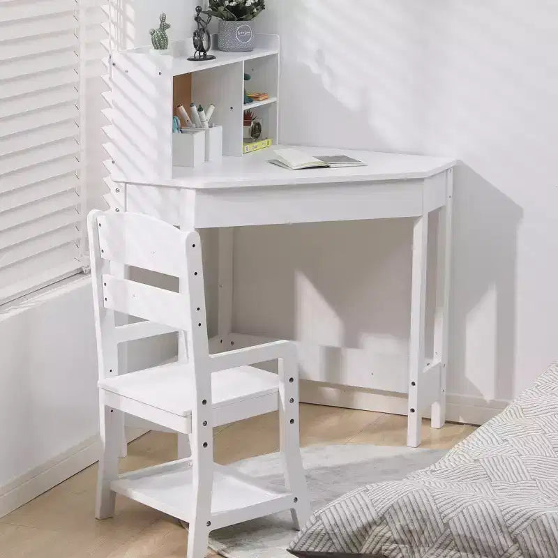 Ensemble bureau et chaise d'étude Kids Corner pour petits espaces, table d'étude en bois avec chaise réglable, huche, tableau en liège, porte-stylos, ensemble de bureau étudiant, blanc