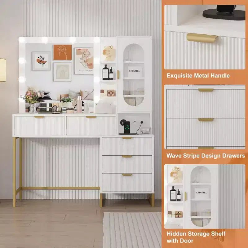 Coiffeuse moderne GustoWave avec miroir, lumières intégrées, 5 tiroirs, prise de courant, coiffeuse pour chambre, blanc et or