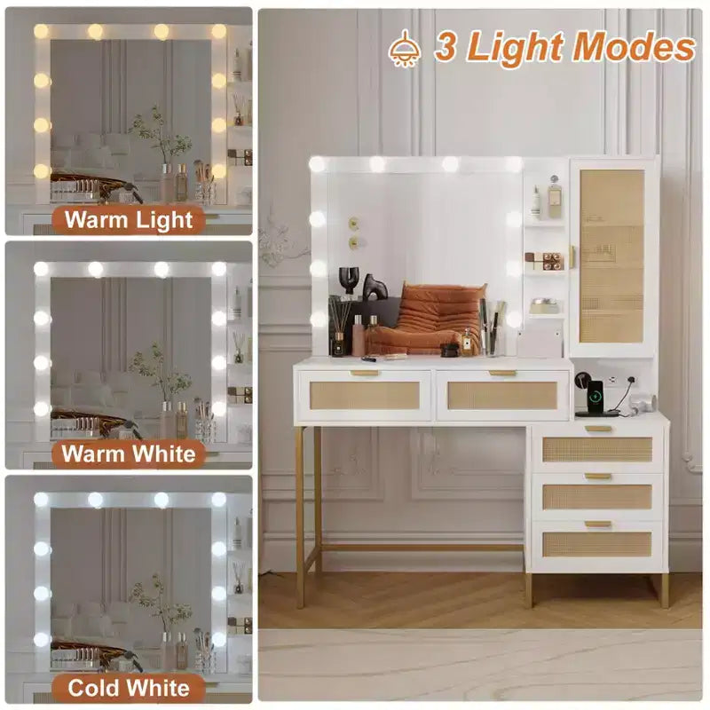 Coiffeuse moderne GustoWave avec miroir, lumières intégrées, 5 tiroirs, prise de courant, coiffeuse pour chambre, blanc et or