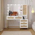 GustoWave Modern Vanity Makeup Desk with Vanity Mirror, Built-in Lights, 5 Drawers, Power Outlet, Makeup Desk for Bedroom, White & Gold