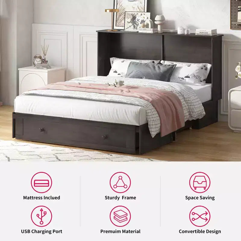 Mjkone Lit Escamotable Queen Size avec Matelas, Lit-Coffre avec Station de Recharge USB, Tiroirs