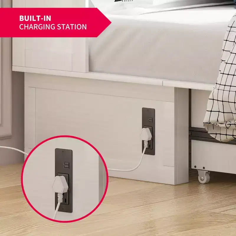 Mjkone Lit Escamotable Queen Size avec Matelas, Lit-Coffre avec Station de Recharge USB, Tiroirs