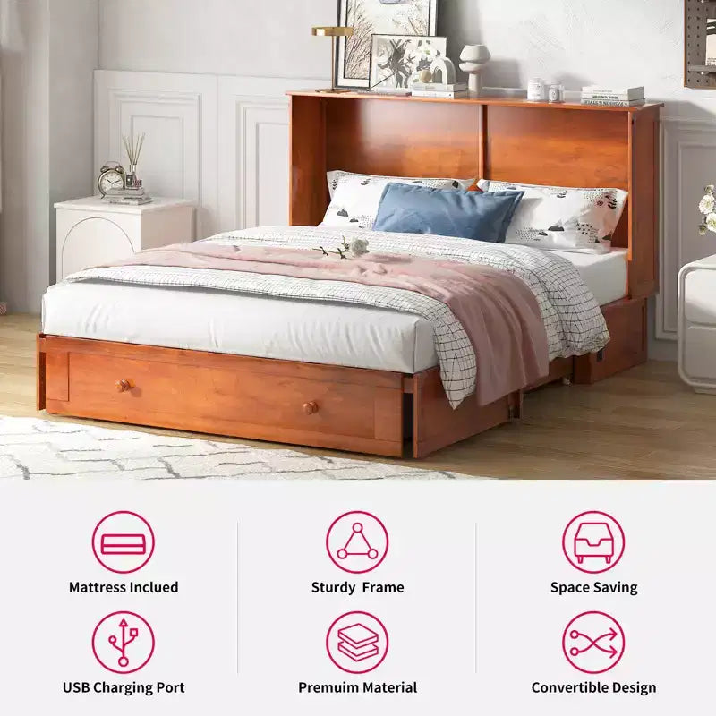Mjkone Lit Escamotable Queen Size avec Matelas, Lit-Coffre avec Station de Recharge USB, Tiroirs