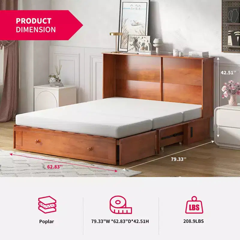 Mjkone Lit Escamotable Queen Size avec Matelas, Lit-Coffre avec Station de Recharge USB, Tiroirs