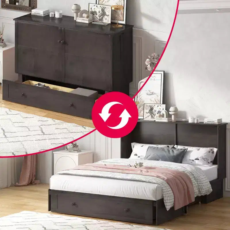 Mjkone Lit Escamotable Queen Size avec Matelas, Lit-Coffre avec Station de Recharge USB, Tiroirs