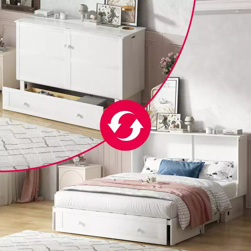 Mjkone Lit Escamotable Queen Size avec Matelas, Lit-Coffre avec Station de Recharge USB, Tiroirs