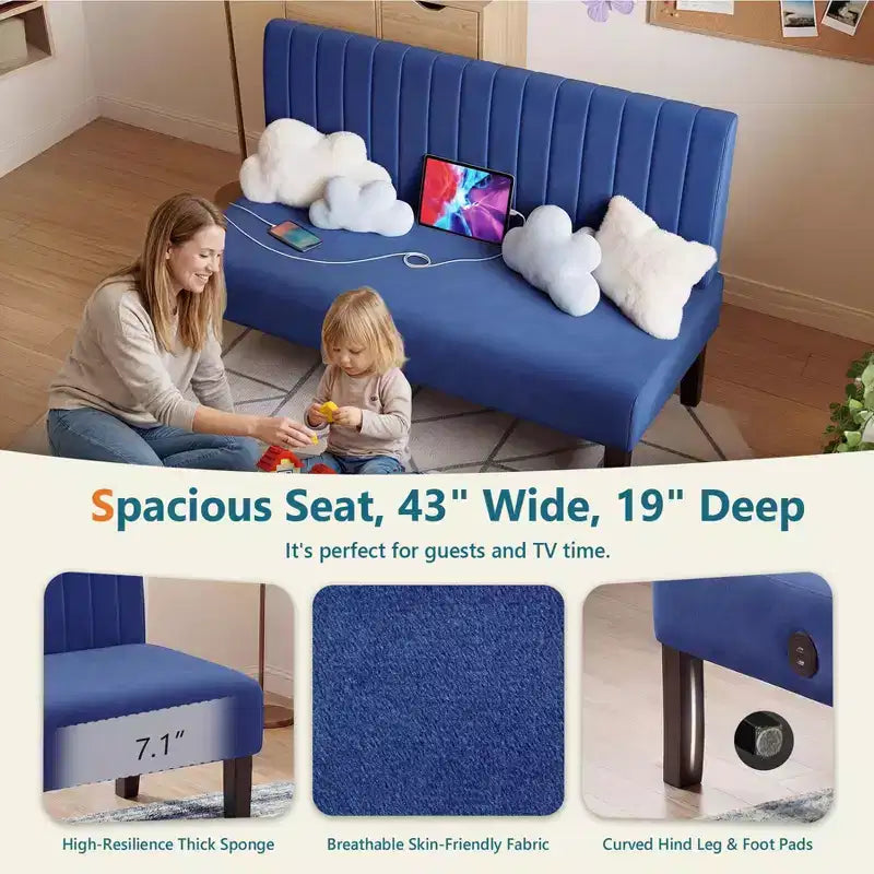 Canapé deux places sans accoudoirs TYBOATLE avec port USB, canapé en velours pour petits espaces, chambre, dortoir, bureau, salon