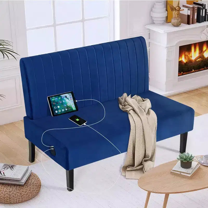 Canapé deux places sans accoudoirs TYBOATLE avec port USB, canapé en velours pour petits espaces, chambre, dortoir, bureau, salon