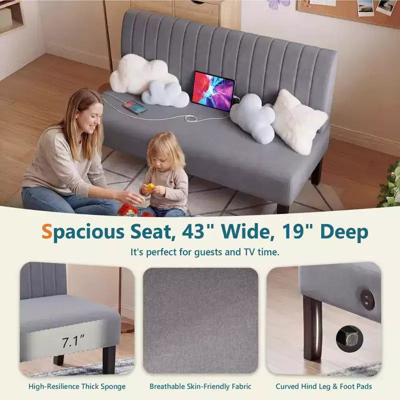 Canapé deux places sans accoudoirs TYBOATLE avec port USB, canapé en velours pour petits espaces, chambre, dortoir, bureau, salon