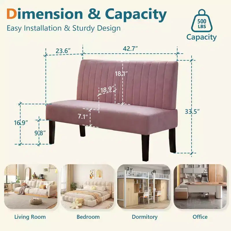 Canapé deux places sans accoudoirs TYBOATLE avec port USB, canapé en velours pour petits espaces, chambre, dortoir, bureau, salon