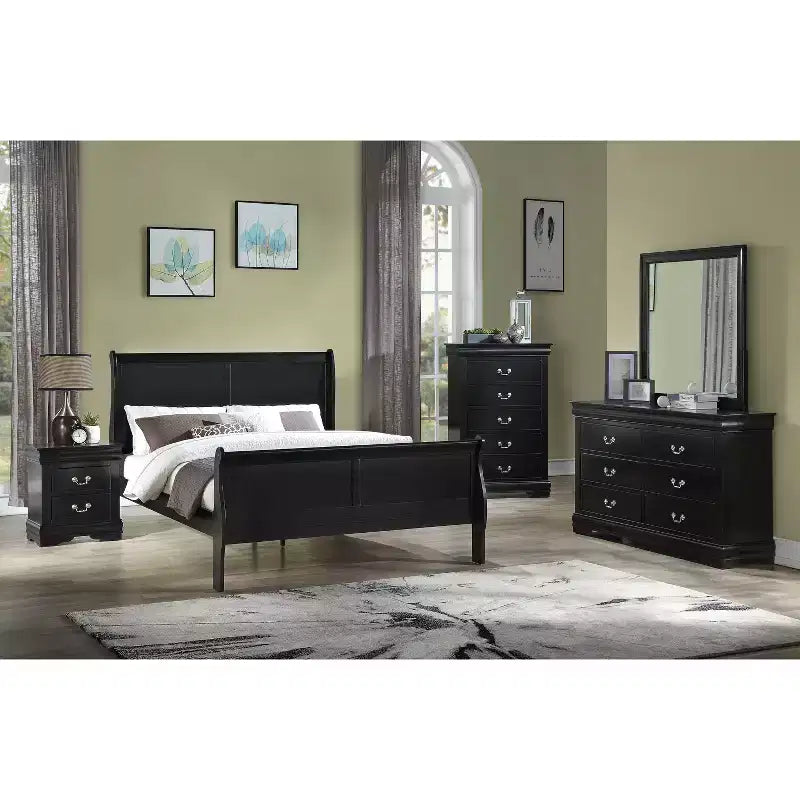 Okak 56 Lit traîneau pleine grandeur en bois massif avec tête et pied de lit, conception basse et sûre pour chambre d'enfant, noir