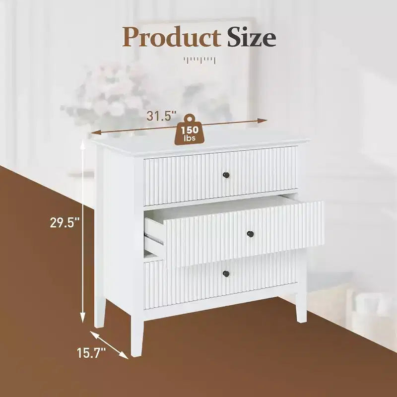 Commode moderne RoyalCraft à design cannelé avec 3 tiroirs pour rangement de chambre, blanc - Armoire de rangement et ensemble de meubles de chevet
