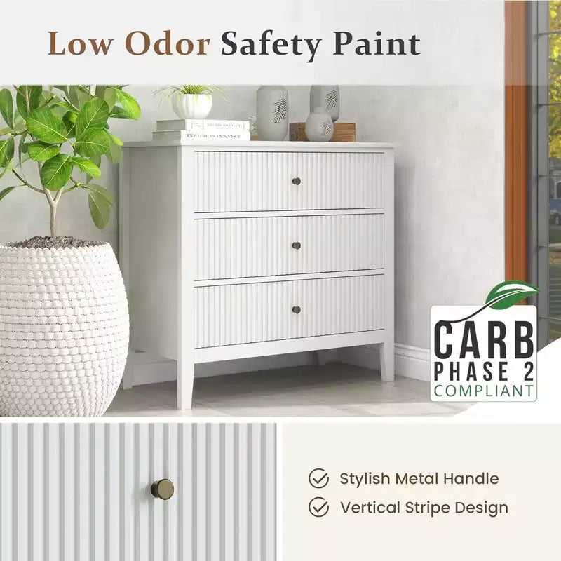 Commode moderne RoyalCraft à design cannelé avec 3 tiroirs pour rangement de chambre, blanc - Armoire de rangement et ensemble de meubles de chevet