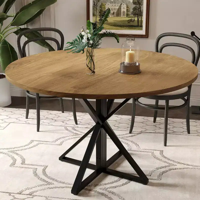 Table à manger ronde pour 4 personnes, table de salle à manger de 120 cm, table circulaire, table de salle à manger avec base en métal robuste, table de cuisine ronde pour salle à manger.