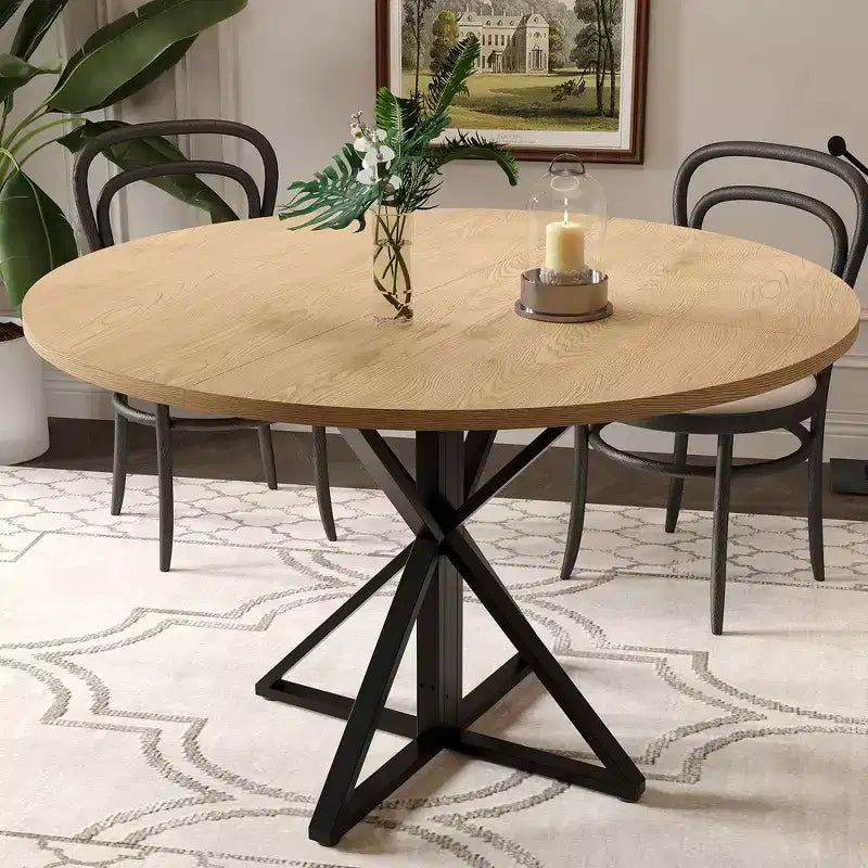 Table à manger ronde pour 4 personnes, table de salle à manger de 120 cm, table circulaire, table de salle à manger avec base en métal robuste, table de cuisine ronde pour salle à manger.