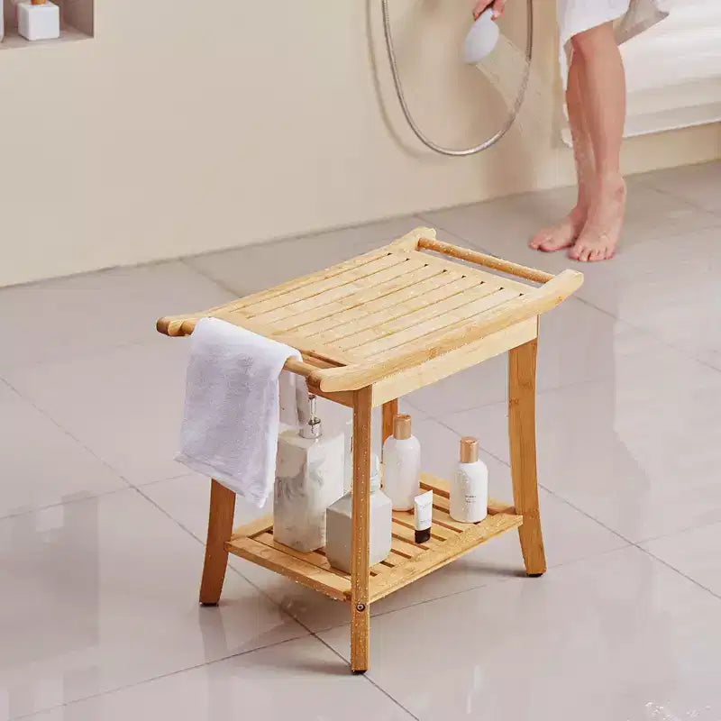 Banc de douche en bambou VEVOR, 61 x 35 x 48 cm, tabouret de douche étanche avec étagère de rangement et poignée, capacité de charge de 136 kg, bambou naturel