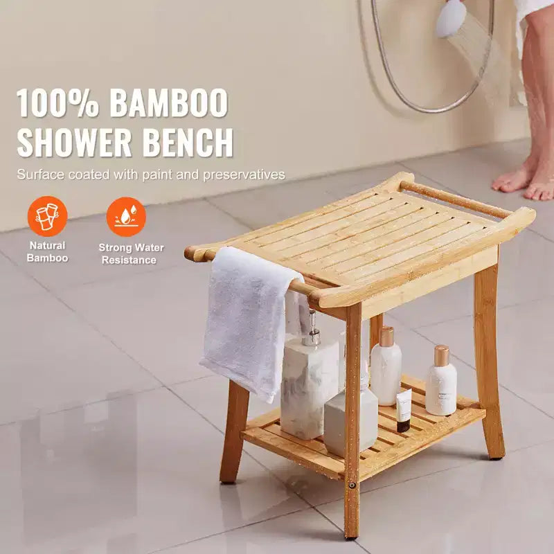 Banc de douche en bambou VEVOR, 61 x 35 x 48 cm, tabouret de douche étanche avec étagère de rangement et poignée, capacité de charge de 136 kg, bambou naturel