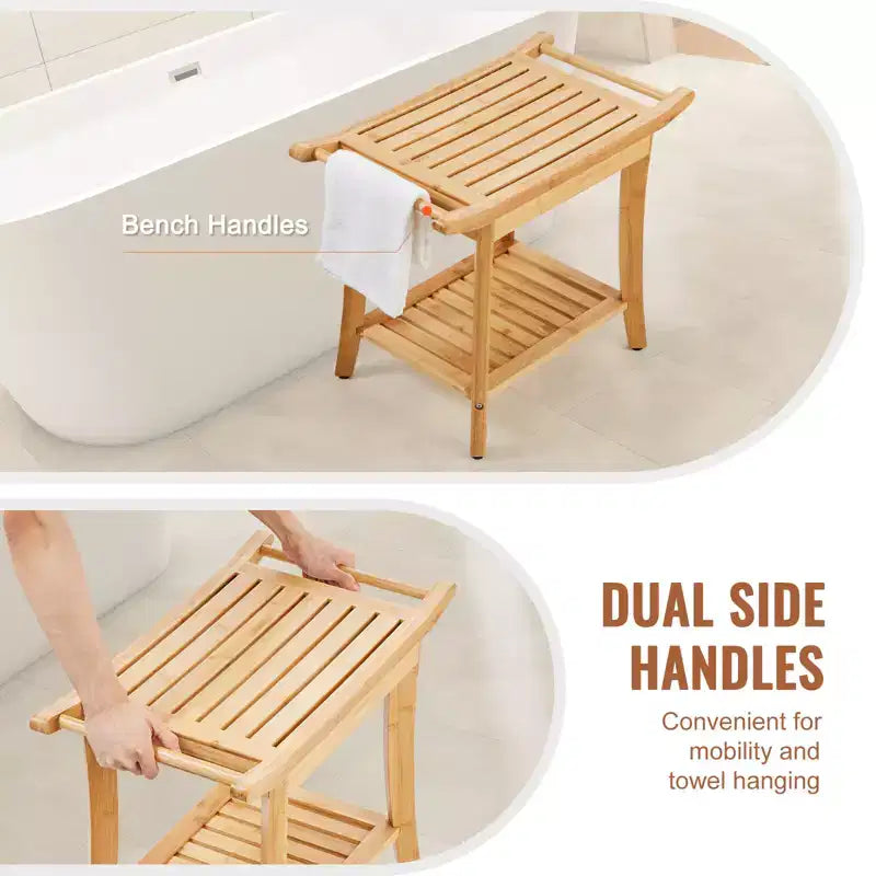 Banc de douche en bambou VEVOR, 61 x 35 x 48 cm, tabouret de douche étanche avec étagère de rangement et poignée, capacité de charge de 136 kg, bambou naturel