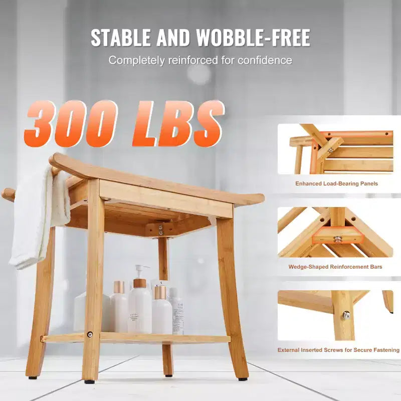 Banc de douche en bambou VEVOR, 61 x 35 x 48 cm, tabouret de douche étanche avec étagère de rangement et poignée, capacité de charge de 136 kg, bambou naturel