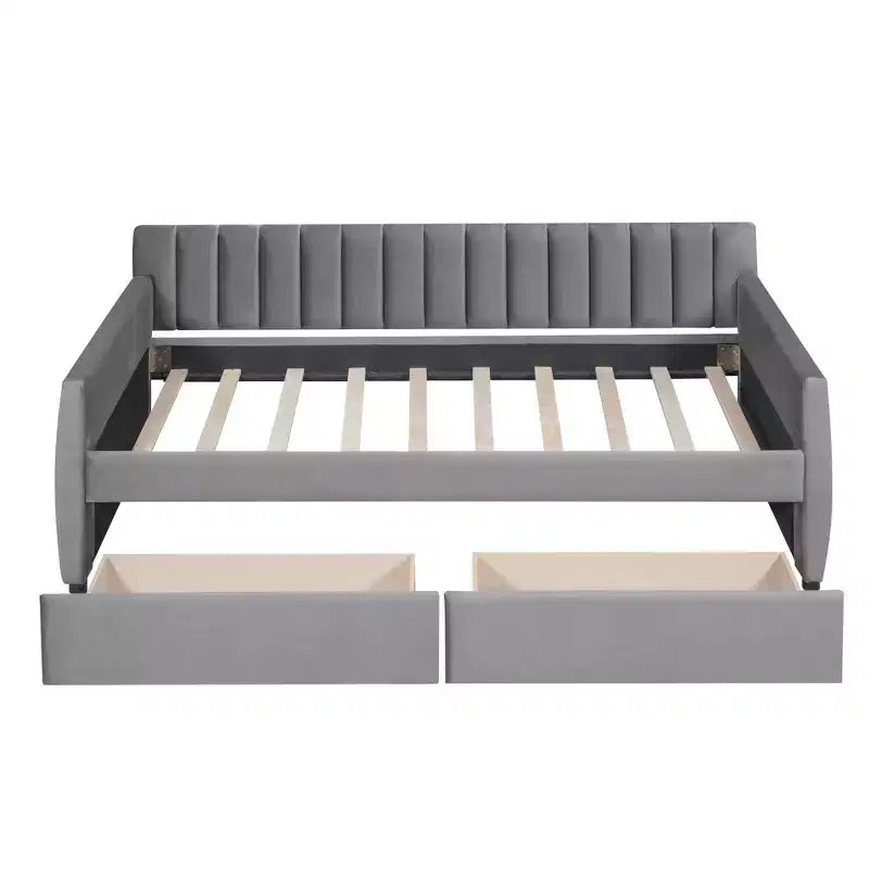 Lit de repos rembourré simple avec tiroirs, support à lattes en bois, gris