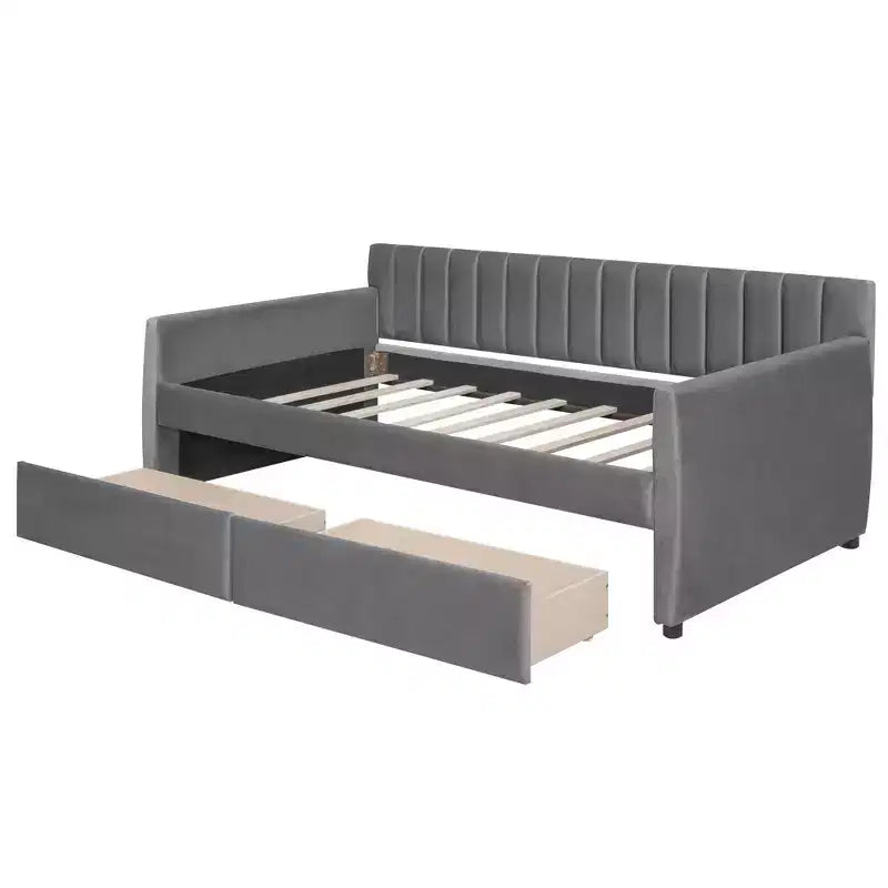 Lit de repos rembourré simple avec tiroirs, support à lattes en bois, gris