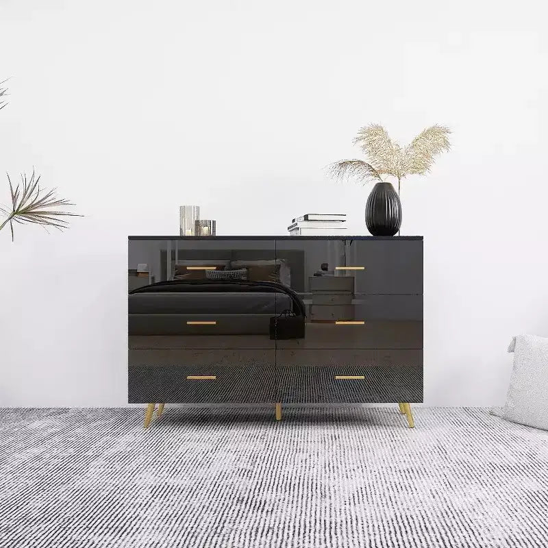 Commode à 6 tiroirs Okak avec poignées dorées et pieds en acier, grands tiroirs spacieux, meuble de rangement élégant pour l'organisation de la maison
