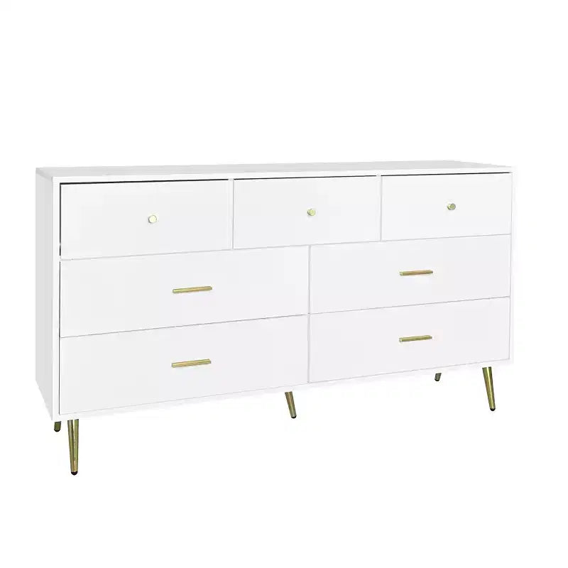 Commode à 6 tiroirs Okak avec poignées dorées et pieds en acier, grands tiroirs spacieux, meuble de rangement élégant pour l'organisation de la maison