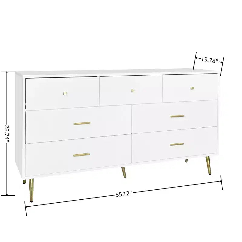 Commode à 6 tiroirs Okak avec poignées dorées et pieds en acier, grands tiroirs spacieux, meuble de rangement élégant pour l'organisation de la maison