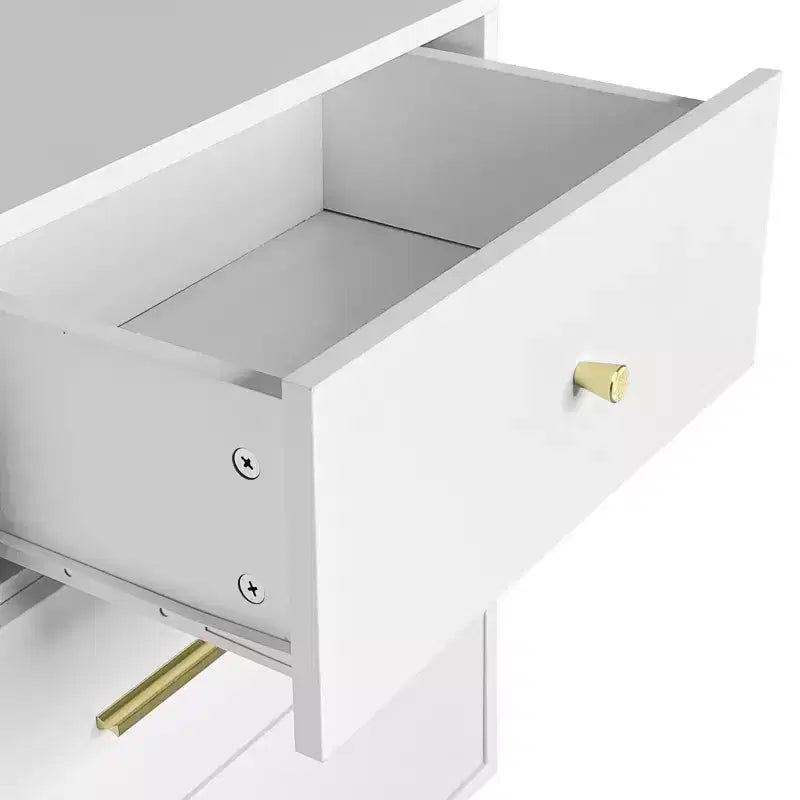 Commode à 6 tiroirs Okak avec poignées dorées et pieds en acier, grands tiroirs spacieux, meuble de rangement élégant pour l'organisation de la maison