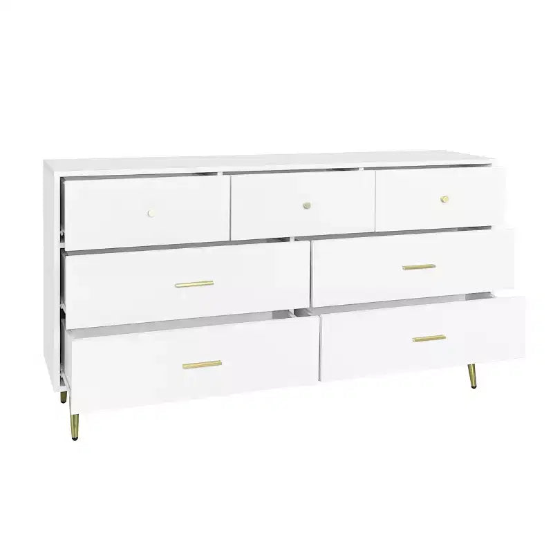 Commode à 6 tiroirs Okak avec poignées dorées et pieds en acier, grands tiroirs spacieux, meuble de rangement élégant pour l'organisation de la maison