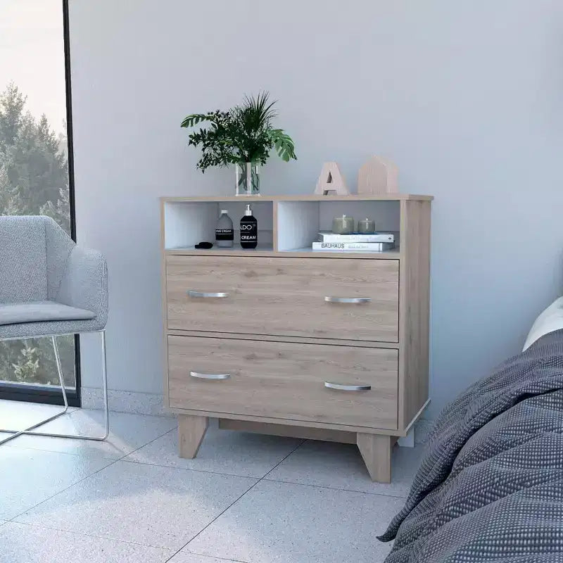Commode Okak à 2 tiroirs avec étagères, 80 cm de large, rangement fin pour chambre/dortoir, double étagères ouvertes + tiroirs profonds, design minimaliste et peu encombrant