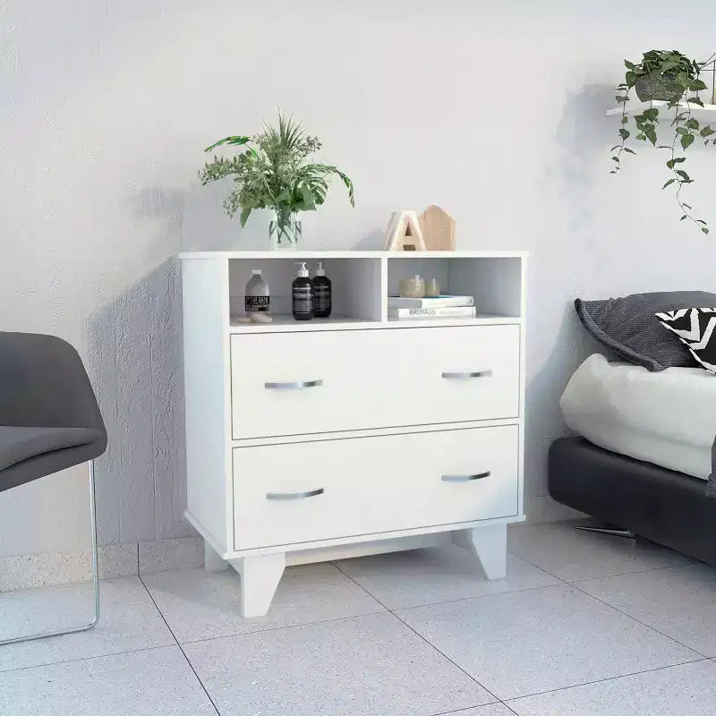 Commode Okak à 2 tiroirs avec étagères, 80 cm de large, rangement fin pour chambre/dortoir, double étagères ouvertes + tiroirs profonds, design minimaliste et peu encombrant