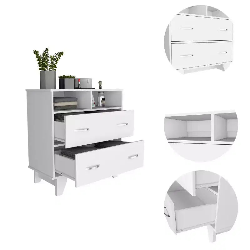 Commode Okak à 2 tiroirs avec étagères, 80 cm de large, rangement fin pour chambre/dortoir, double étagères ouvertes + tiroirs profonds, design minimaliste et peu encombrant