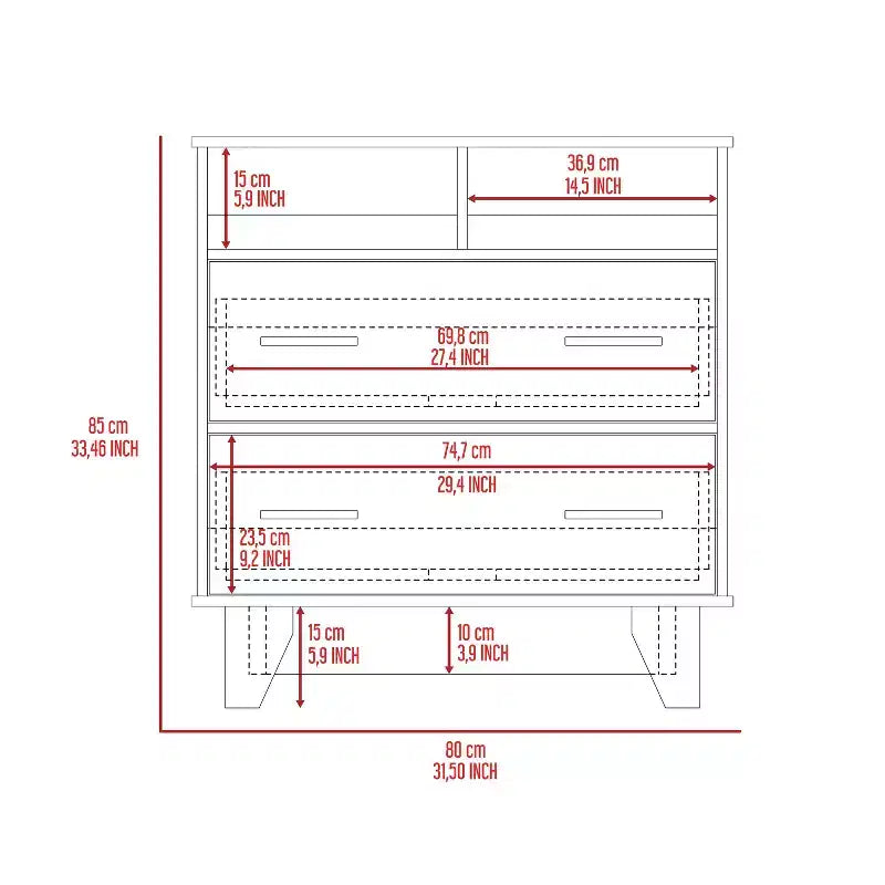 Commode Okak à 2 tiroirs avec étagères, 80 cm de large, rangement fin pour chambre/dortoir, double étagères ouvertes + tiroirs profonds, design minimaliste et peu encombrant