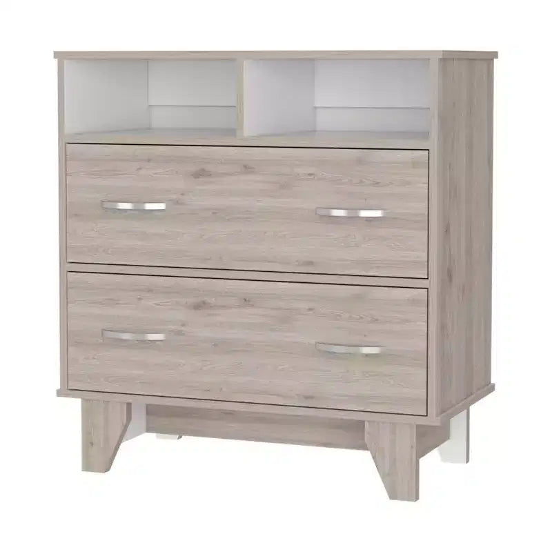 Commode Okak à 2 tiroirs avec étagères, 80 cm de large, rangement fin pour chambre/dortoir, double étagères ouvertes + tiroirs profonds, design minimaliste et peu encombrant