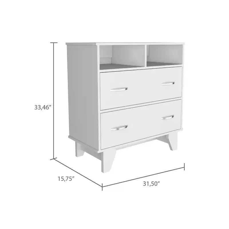Commode Okak à 2 tiroirs avec étagères, 80 cm de large, rangement fin pour chambre/dortoir, double étagères ouvertes + tiroirs profonds, design minimaliste et peu encombrant