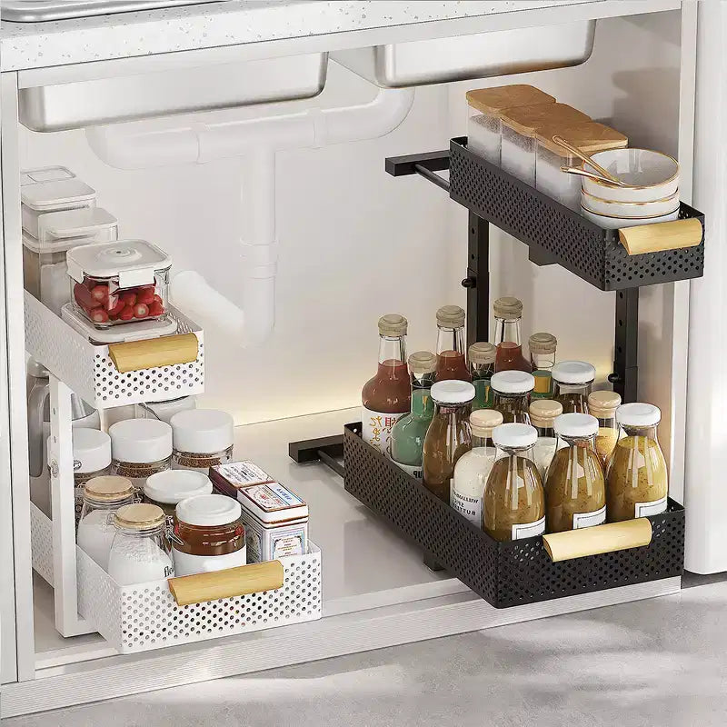 Organisateur sous évier, 2 paquets de rangement sous évier à 2 niveaux, étagère coulissante à tiroir pour armoire