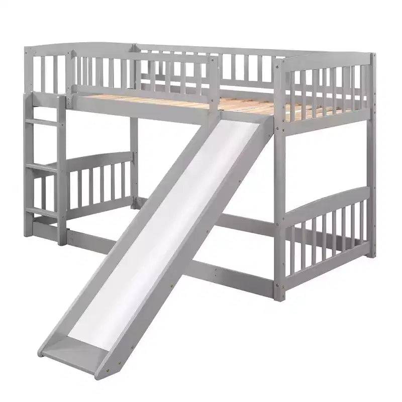 Lit superposé avec toboggan, lits superposés bas doubles avec clôture et échelle pour enfants et adolescents, blanc
