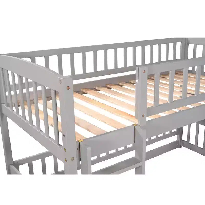 Lit superposé avec toboggan, lits superposés bas doubles avec clôture et échelle pour enfants et adolescents, blanc