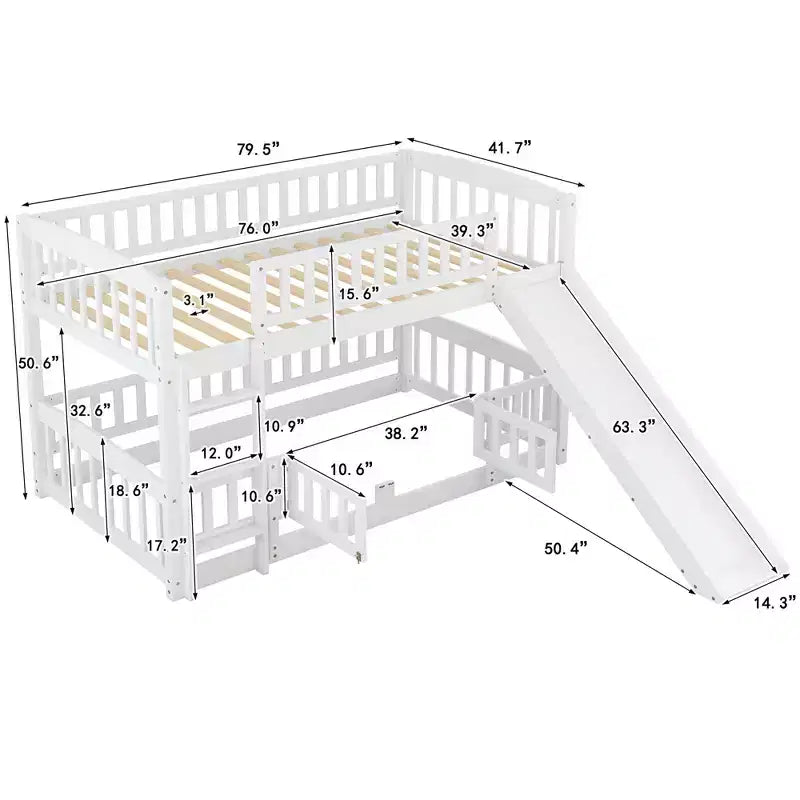 Lit superposé avec toboggan, lits superposés bas doubles avec clôture et échelle pour enfants et adolescents, blanc