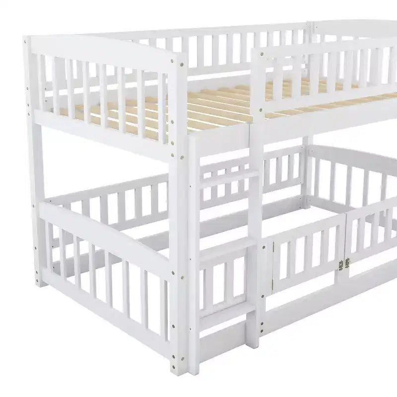 Lit superposé avec toboggan, lits superposés bas doubles avec clôture et échelle pour enfants et adolescents, blanc