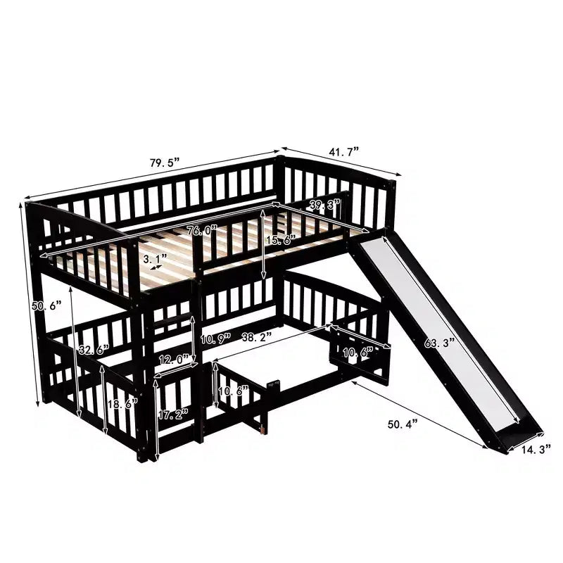 Lit superposé avec toboggan, lits superposés bas doubles avec clôture et échelle pour enfants et adolescents, blanc